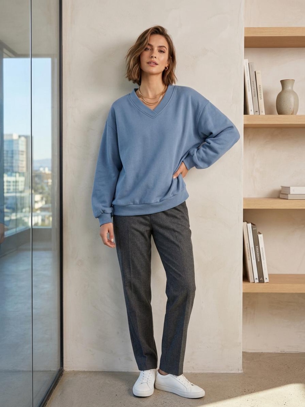 SHEIN Dusty Blue V-Neck Relaxed Pullover Sweater